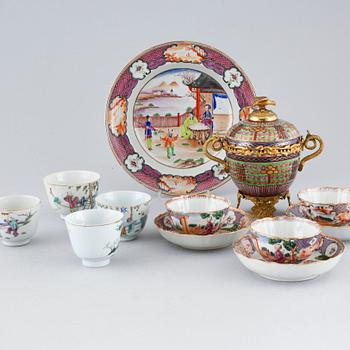 Three polychrome cups with barrels, three cups, one bowl with lid and one plate, Qing dynasty, 18/19th century.