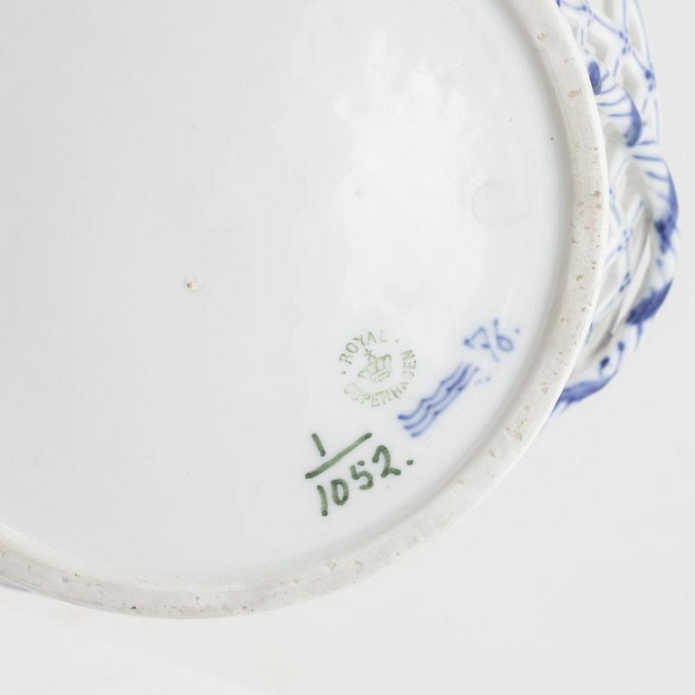 A 'Musselmalet' porcelain pot, a bowl and a sugar bowl with lid, Royal Copenhagen, Denmark.