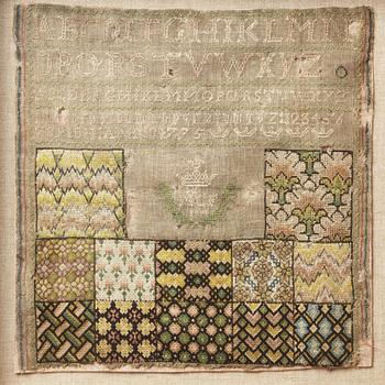 1126. SAMPLER, embroidered, 33 x 32 cm, with the frame 44 x 43 cm, signed and dated MCF IBM 1775.