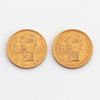 FREDERIK VIII, two gold coins, 10 kroner, 1908.