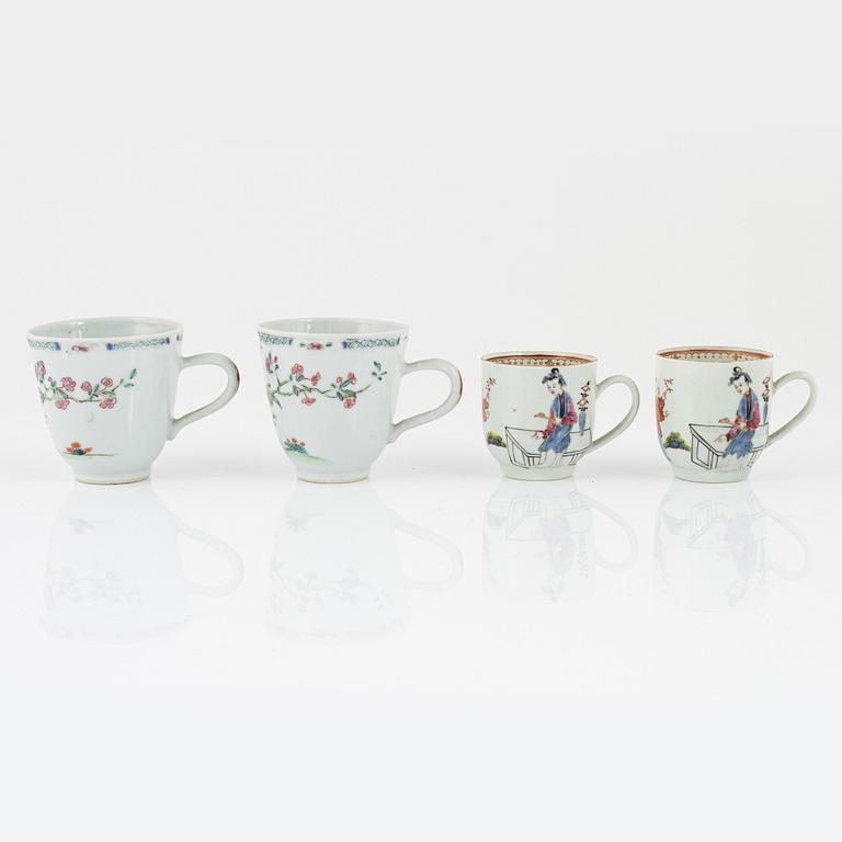 Two pairs of famille rose cups, a bowl, a small dish and a pair of deep dishes, Qing dynasty, 18th/19th century.