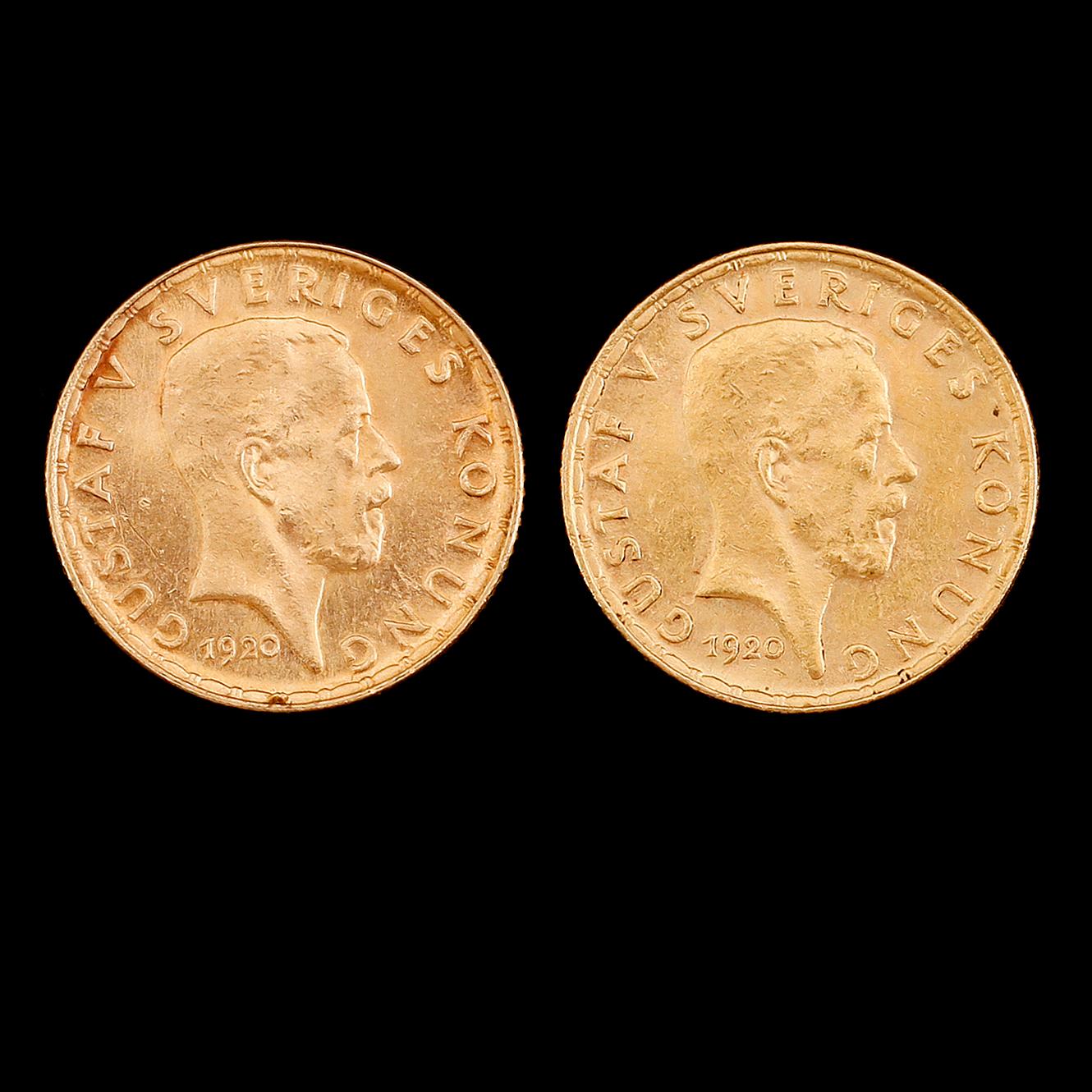 GULDMYNT, 2 st, 5 kronor, Gustaf V, 1920. Vikt ca 4 gram.