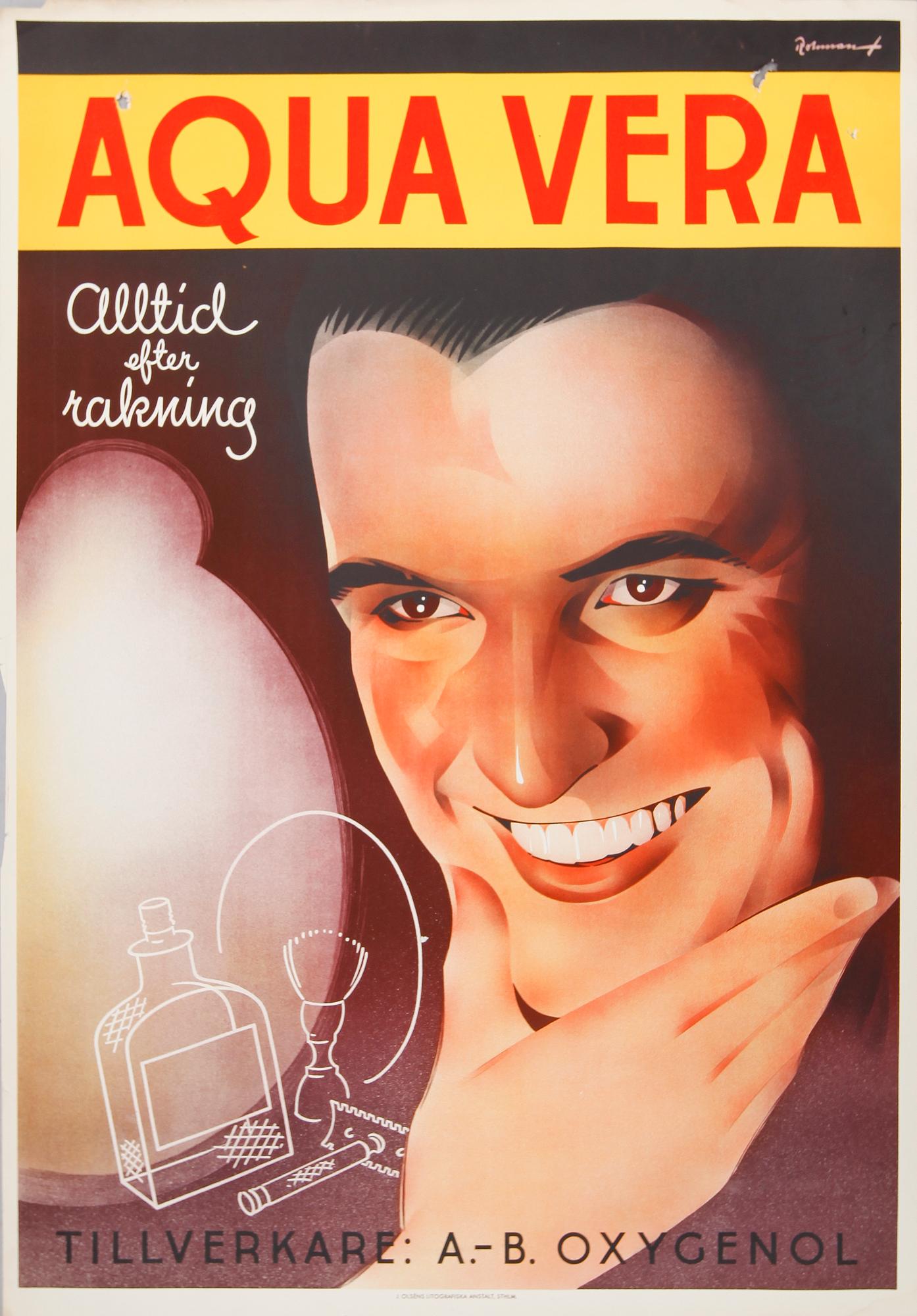 REKLAMAFFISCH, litografiskt tryck, "Aqua Vera", Rohman, 1930-talet.