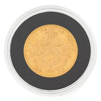 Gyldmynt, Belgien, Leopold II, 20 francs, 1874,