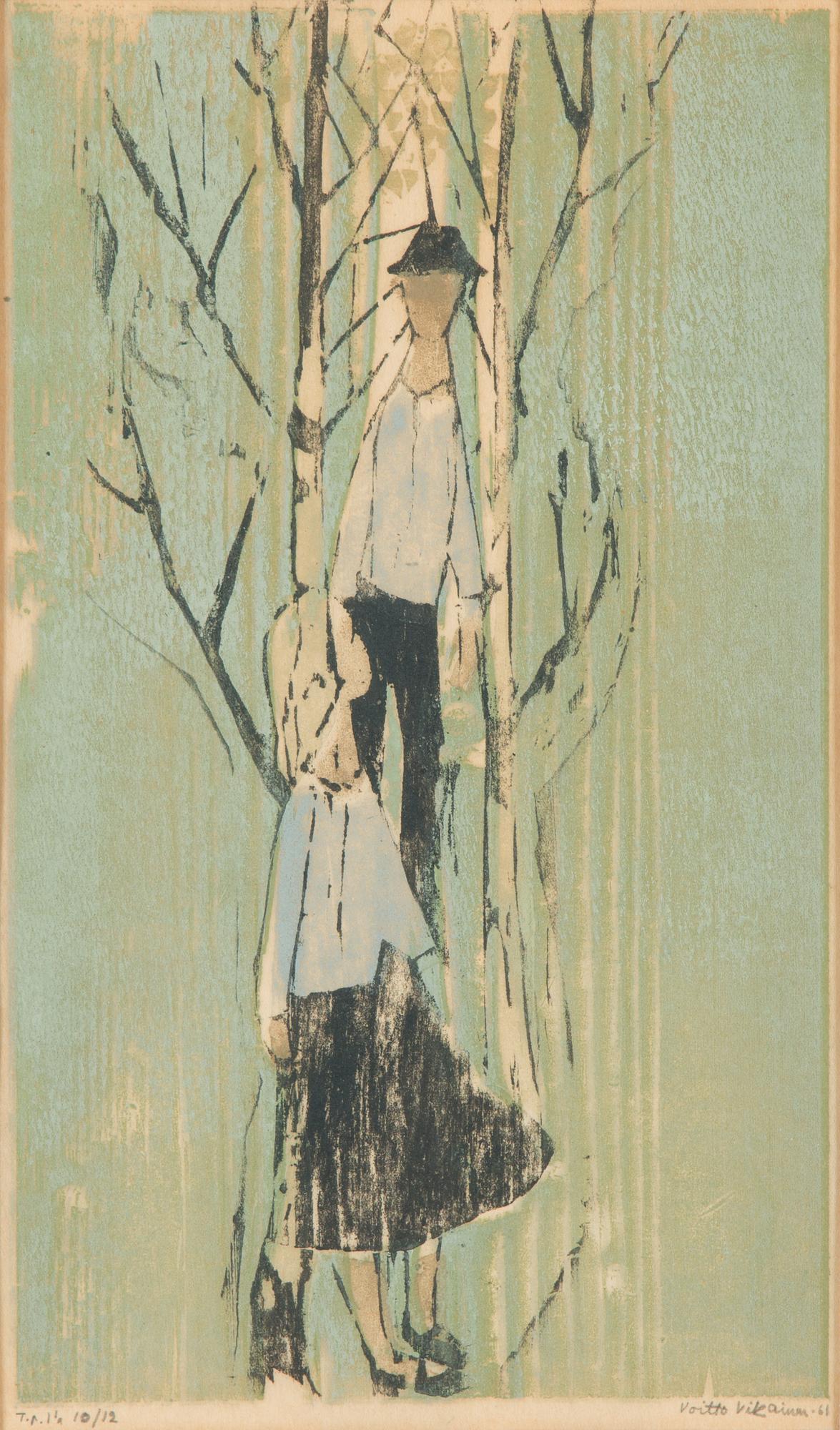 Voitto Jalmari Vikainen, puupiirros, signeerattu ja päivätty-61. Merkattu t.p.l'a 10/12.