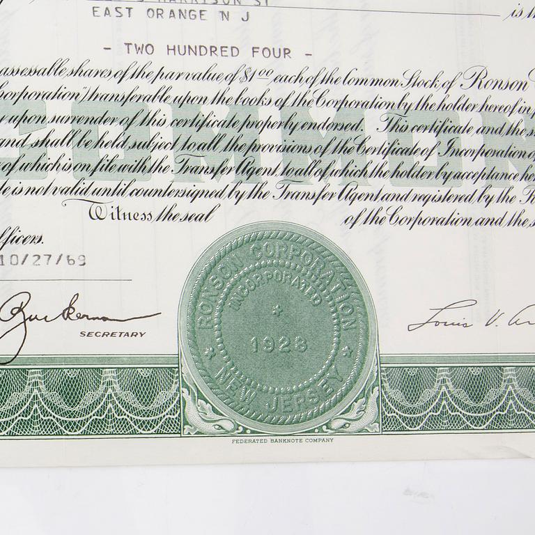 Ronson stock certificates, 4 pieces, second half of the 20th century, USA.