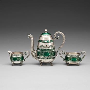 574. A David Andersen sterling and enamel three pcs of coffee set, Norway early 20th century.