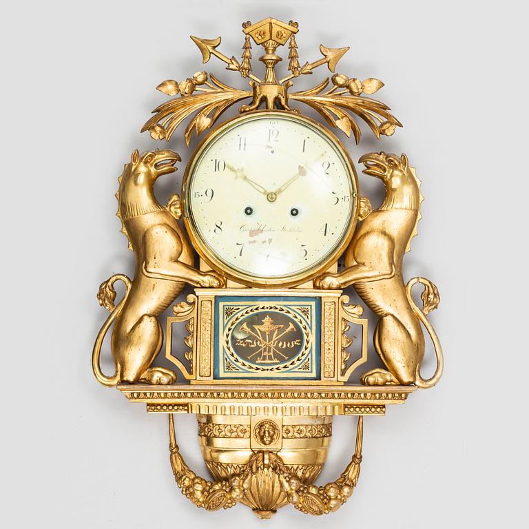 A Swedish Empire wall clock by G Undén (Stockholm 1800-1829).
