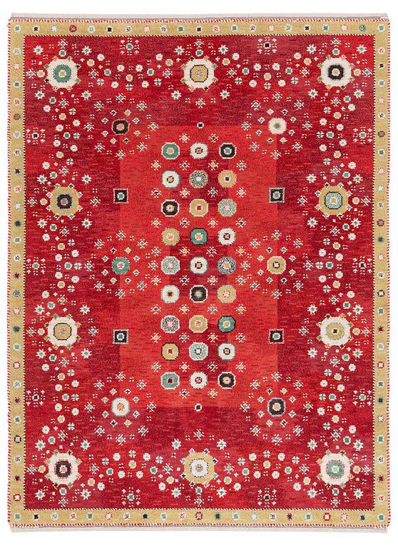 Barbro Nilsson, a 'Rabatten röd' carpet, knotted pile, 266 x 195 cm, signed AB MMF BN.