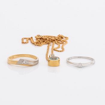 2 rings and 1 pendant 18K gold, brilliant-cut diamonds and 1 aquamarine ca 7 mm, chain metal.