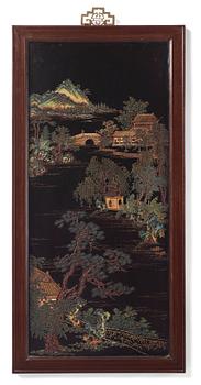 A set of four Chinese lacquer panels with wooden frames, early 20th century.