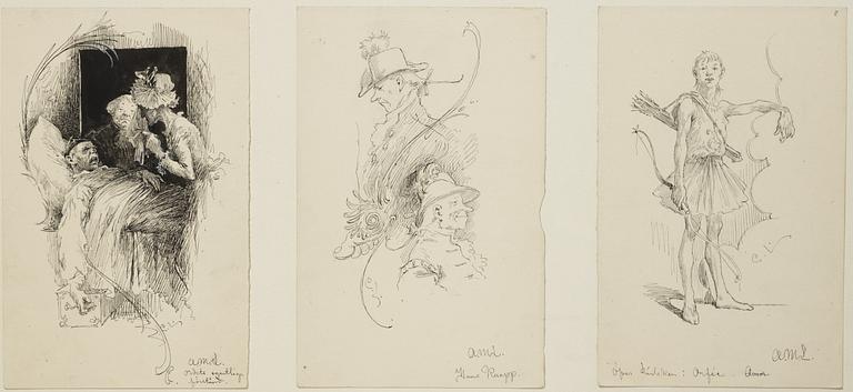 Carl Larsson,  6 drawings, signed C.L, Indian ink and hightening white mounted on cardboard.