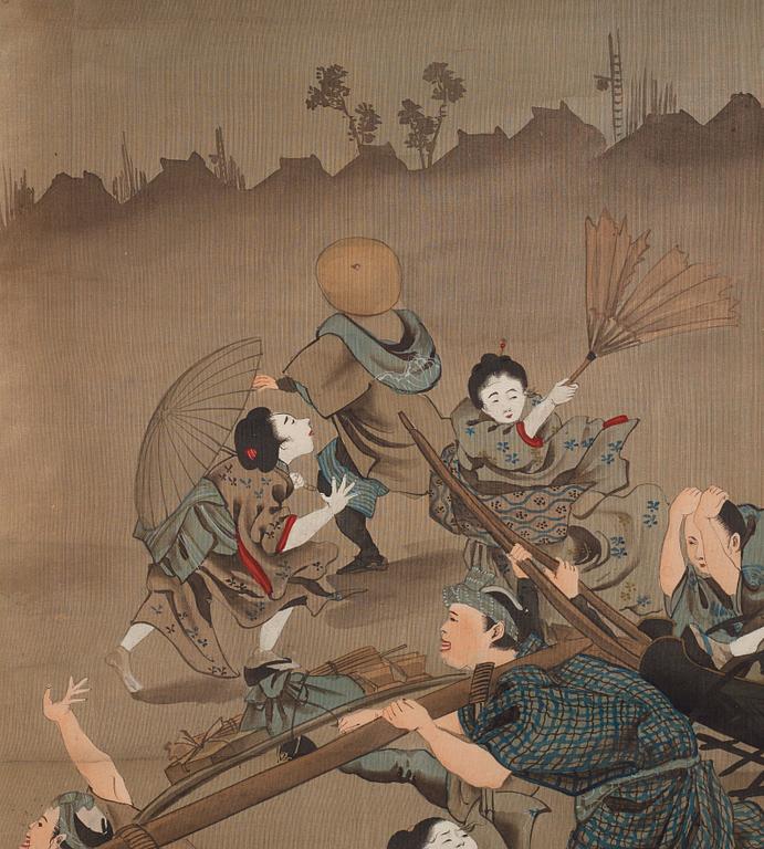 RULLMÅLNINGAR, sex stycken, tusch och färg på papper. Japan, Meiji (1868-1912).