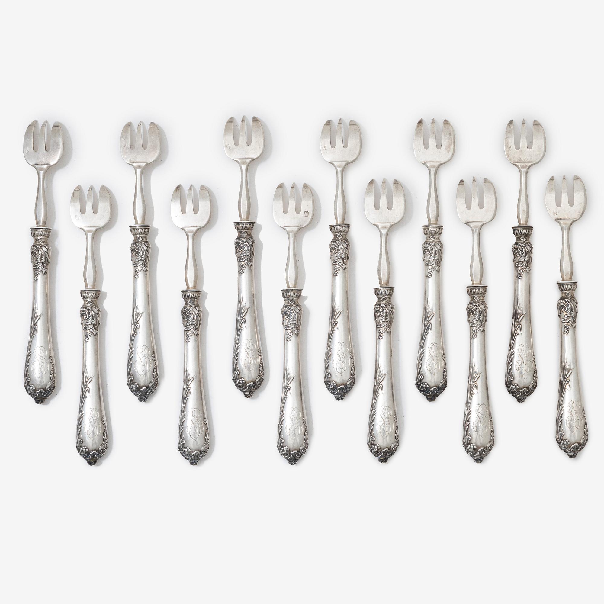 Alphonse Debain, ostrongafflar, 12 st, silver, Paris, Frankrike, 1883-1911.