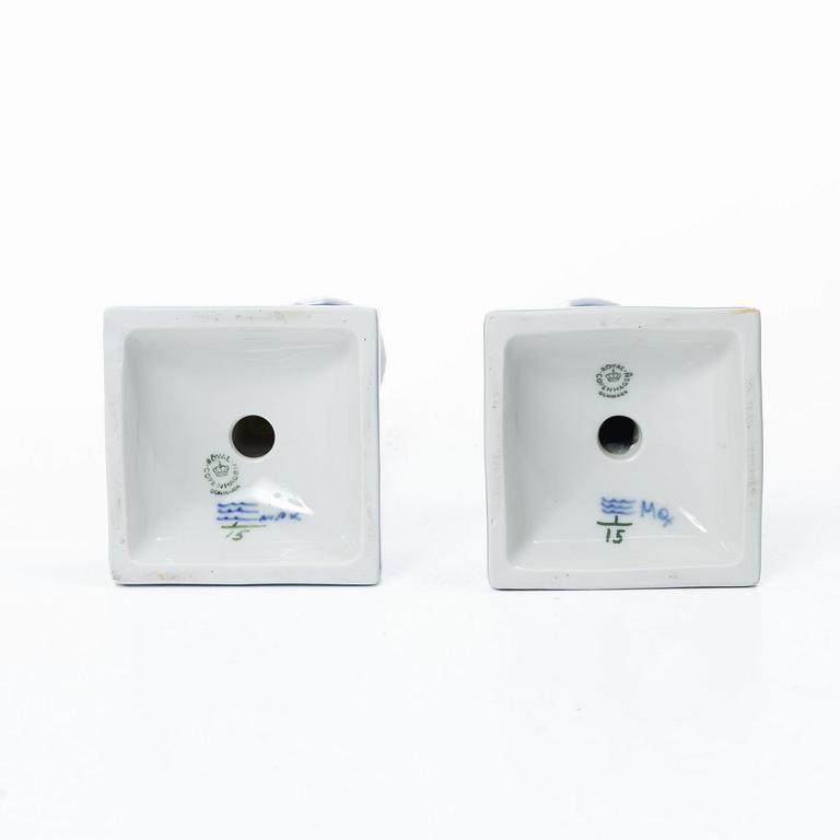 Royal Copenhagen, Candlesticks, a pair, porcelain, "Musselmalet", Denmark, 1935–1936 & 1980–1984.