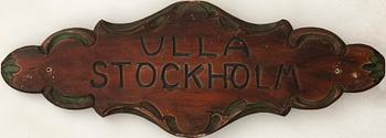 Namnskylt för båt "Ulla Stockholm" 1900-tal.