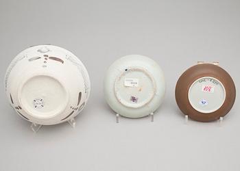 SKÅL samt FAT, 3 delar, porslin, sjöfynd, Kina.