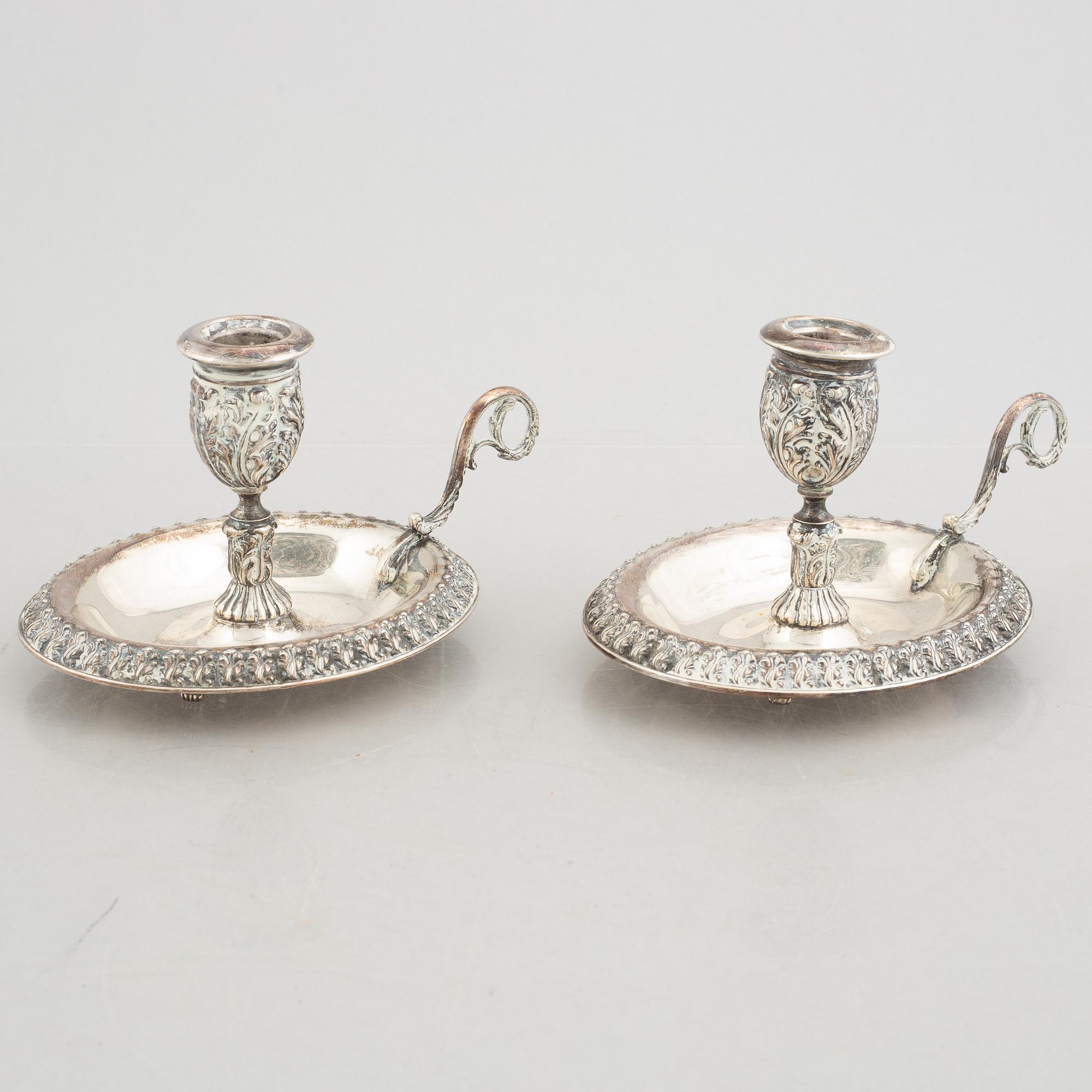 Nattljusstakar, ett par, silver, troligtvis omkring åt 1900/1900-talets första hälft.