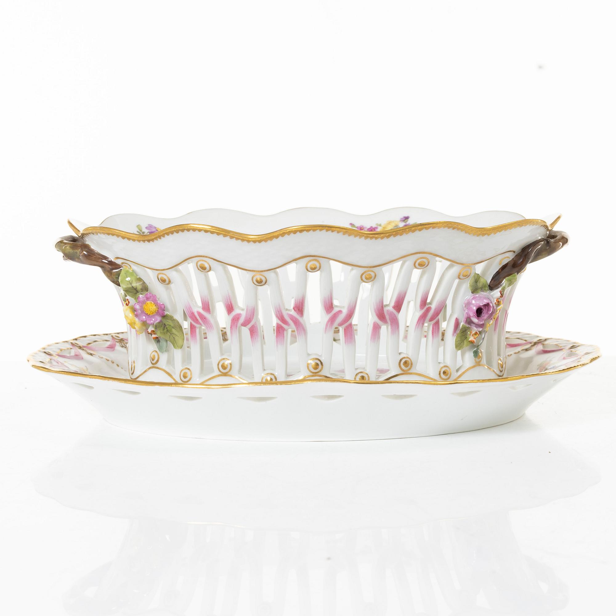 Royal Copenhagen, a 'Saxon Flower' lattice bowl with stand, Denmark, 1889-1922.