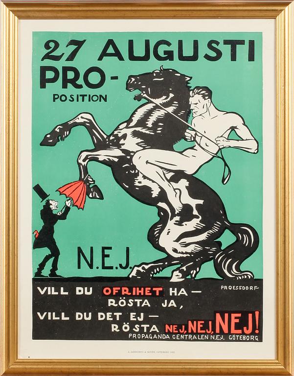 FÖRBUDSAFFISCH, Alfred Proessdorf, utgiven av Propagandacentralen N.E.J, Göteborg, tryckta hos A. Lindgren & Söner, 1922.