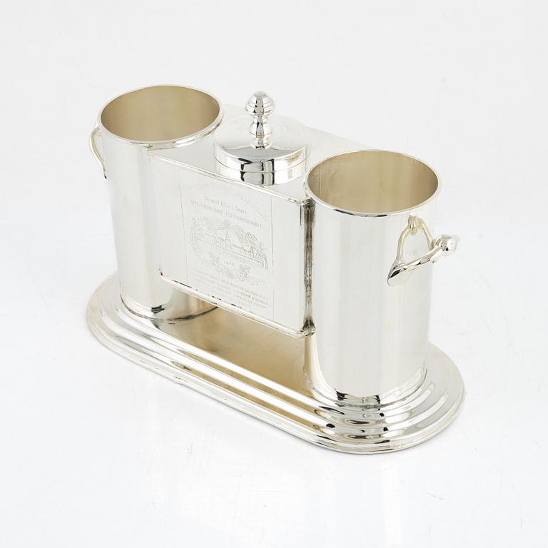 A contemporary silver plated wine cooler.