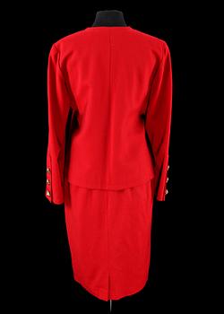 A 1991s red two-piece costume consisting of jacket and skirt  by Yves Saint Laurent.