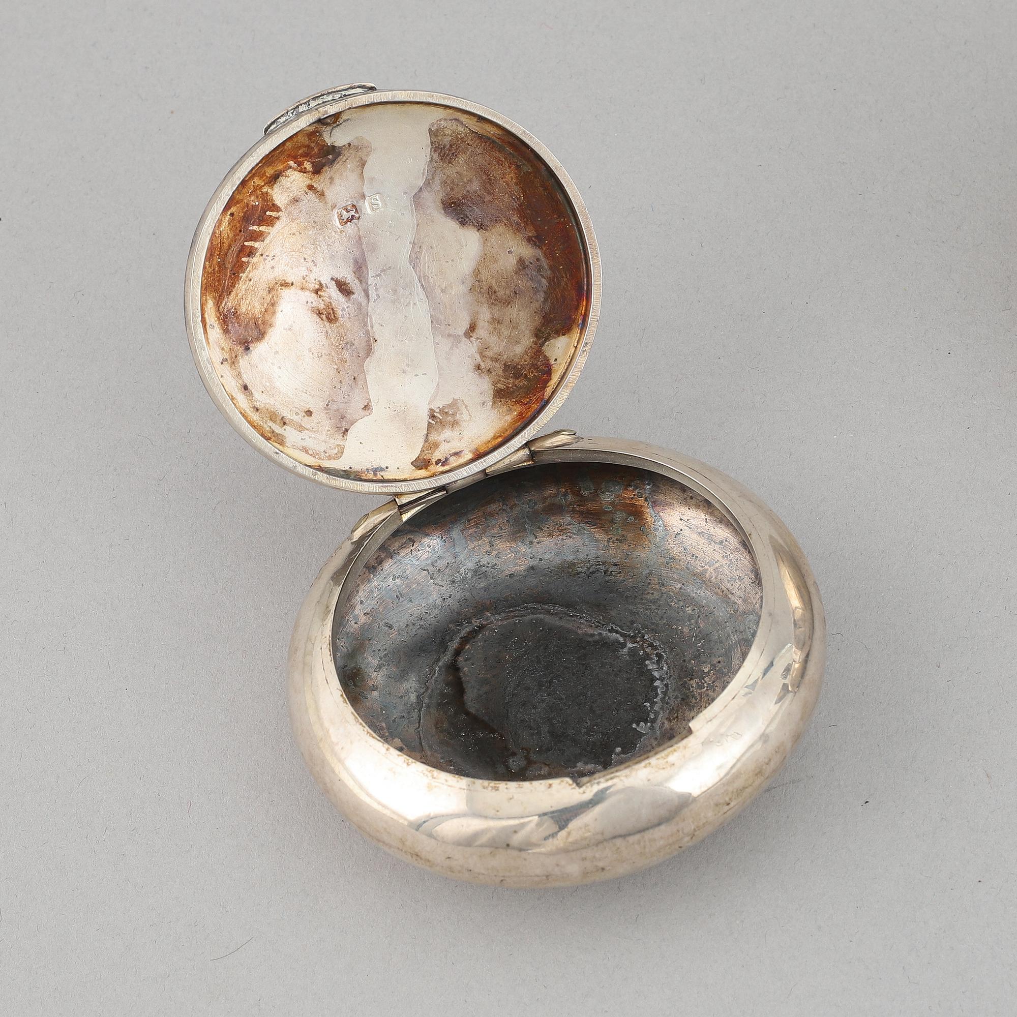 Bowl, cup, box, and flask, silver, Sweden and england, 19-20th century.