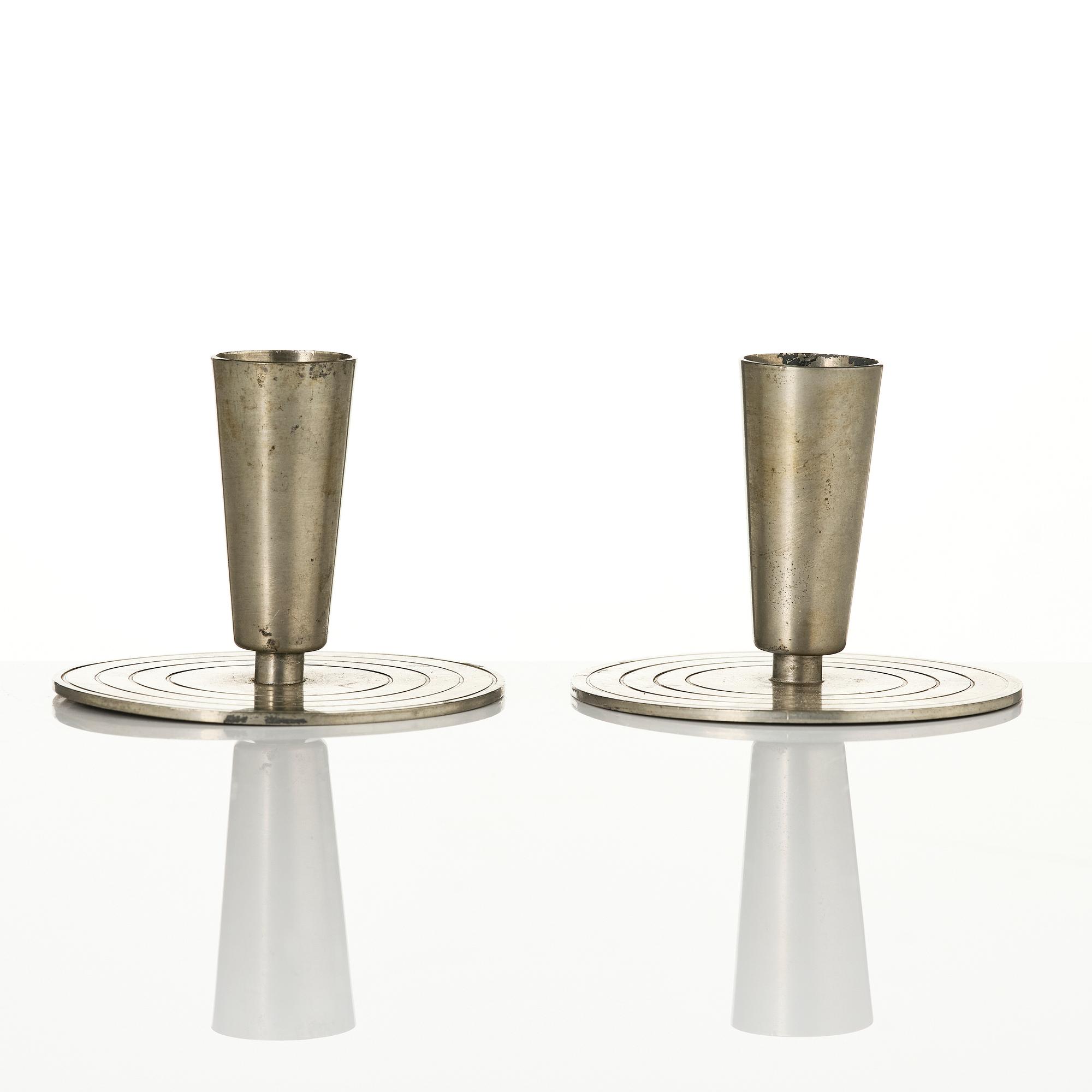 Ystad-Metall, a pair of candlesticks and a tray, 1938-42.
