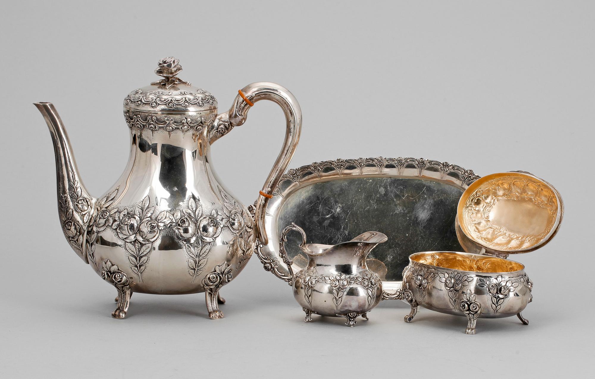 KAFFESERVIS, 4 delar, silver, 1900-talets första hälft, tot 1695 g.