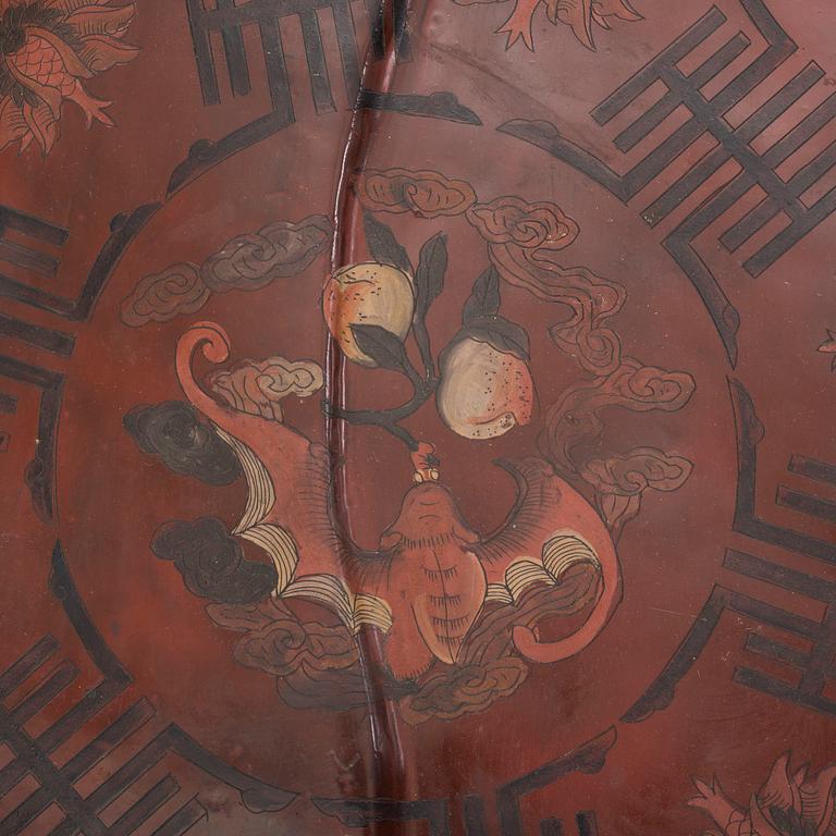 A massive Japanese wooden and lacquered box with cover, in the shape of a peach, early 20th century.