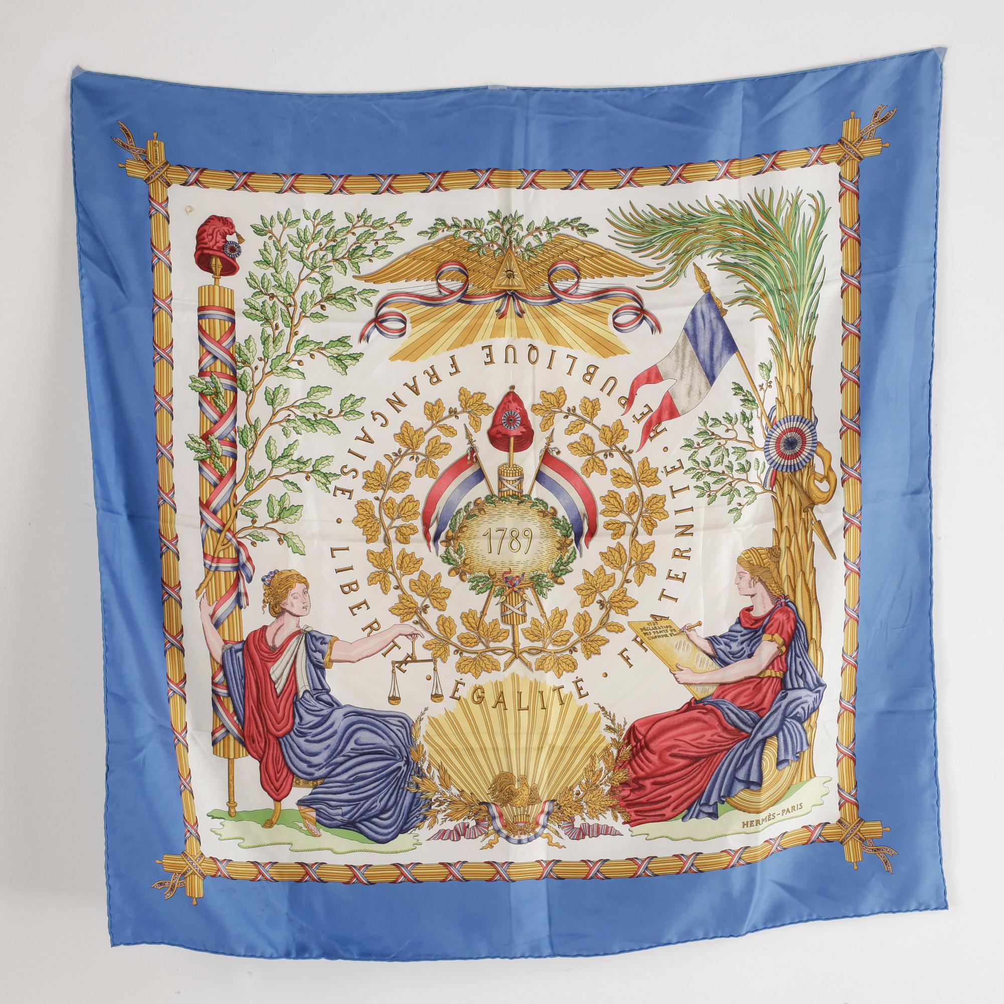 SCARF, siden, "1789 Liberte Egalite Fraternite", Joachim Metz, Hermès, Paris, komponerad 1989.