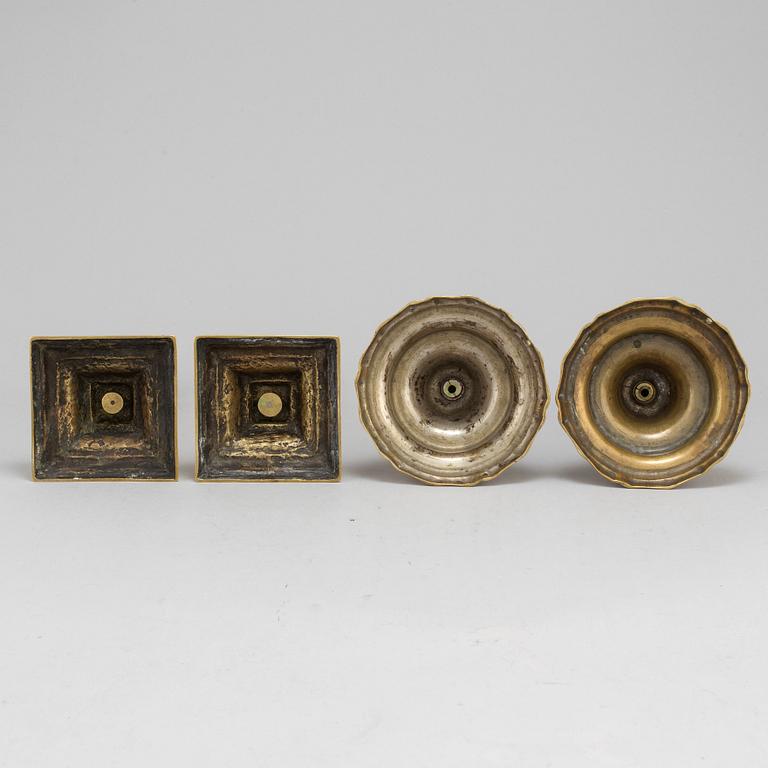 CANDLESTICKS, two pairs, brass, 18th and 19th century.