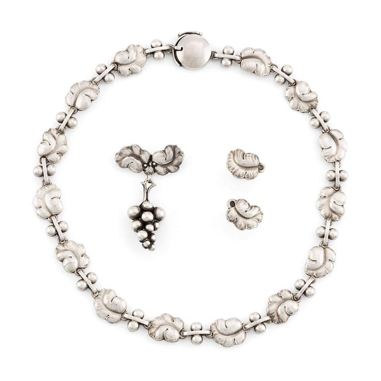 Harald Nielsen, a sterling silver necklace, a brooch, and a pair of earrings, for Georg Jensen, Denmark post 1945.