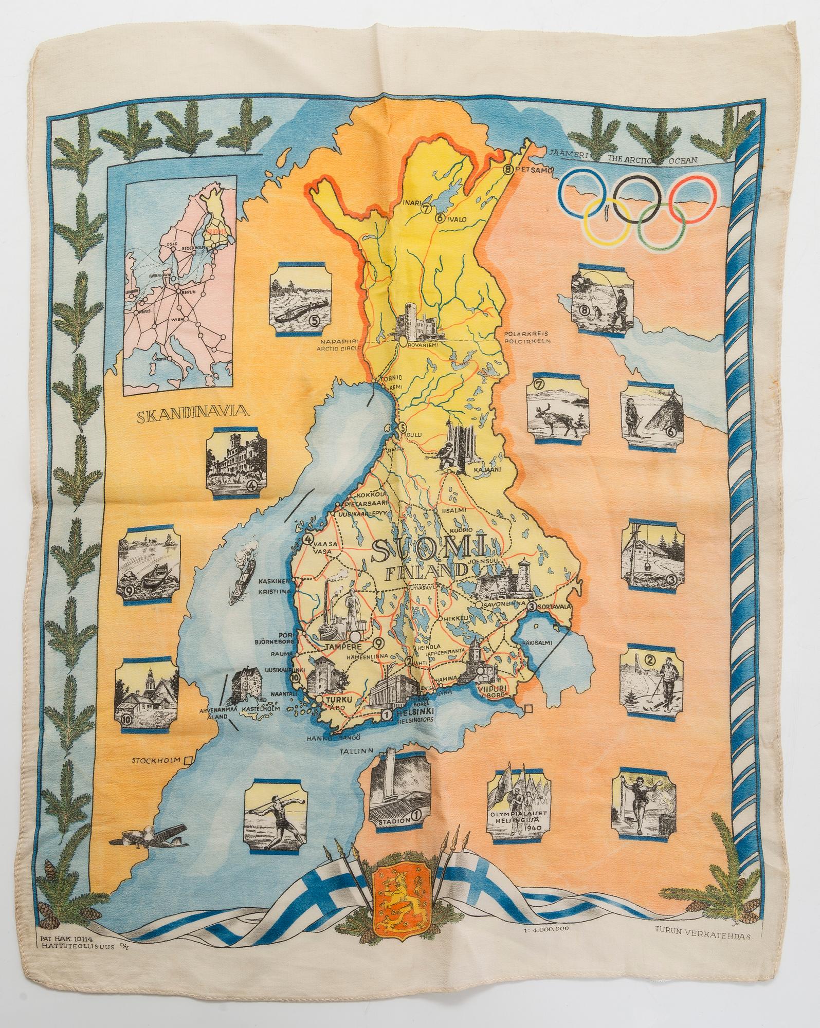 Sidenduk, 1 st,  pins, 4 st, och tygetikett, Helsingfors sommar-OS 1940.