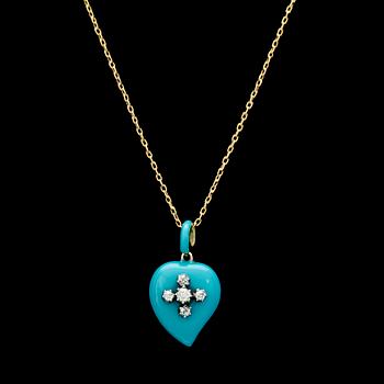 259. PENDANT, heart shaped enamel work set with small diamonds. 19th century.