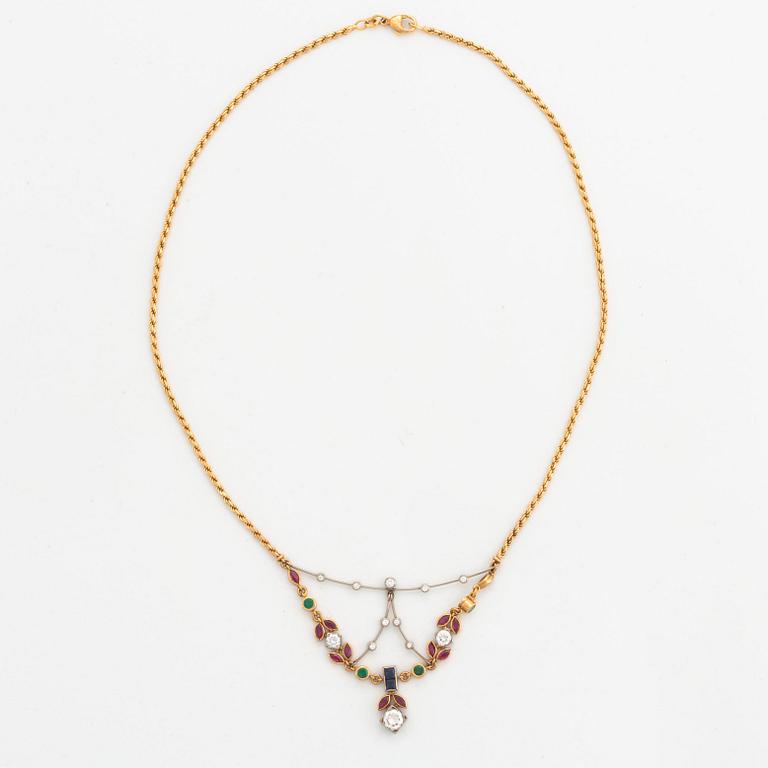 diamond, rubies, and emerald and sapphire necklace.