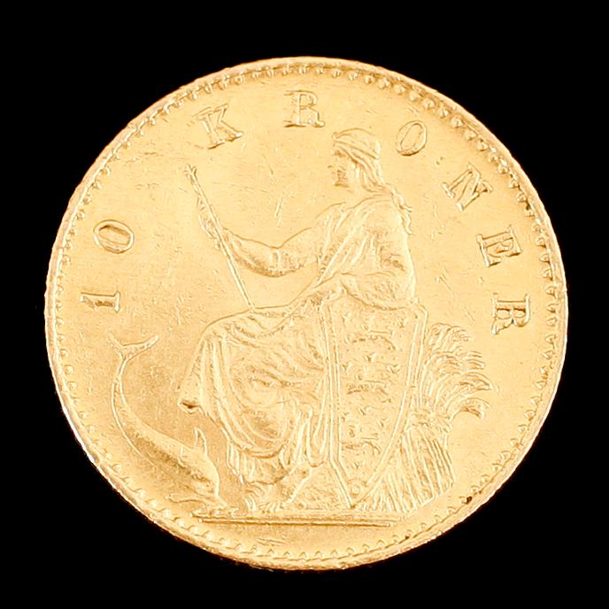 GULDMYNT, 10 kr, Christian IX, 1874. Vikt ca 4 gram.