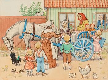 88. Elsa Beskow, Unga bondfrun från "Skogstorp" kommer med mjölk till stan.