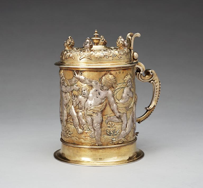 An important German 17th century parcel-gilt tankard, makers mark of Abraham Drentwett I, Augsburg 1645-1650.