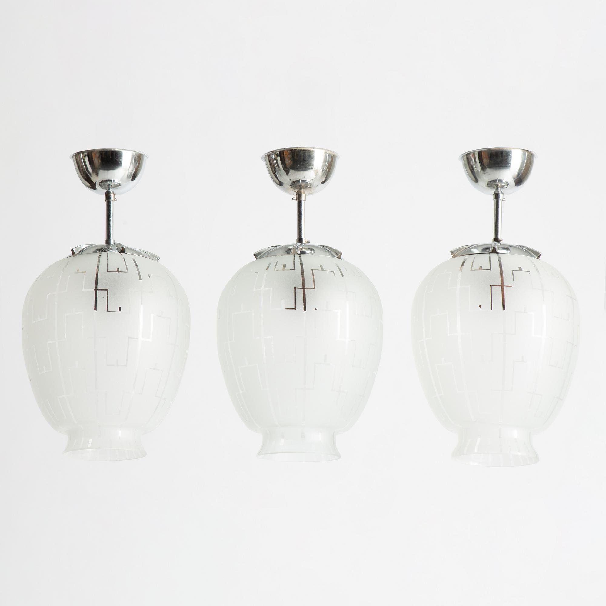 Three Swedish Modern ceiling lamps, possibly Flygsfors, 1940's/50's.