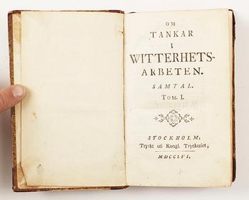 BOK, "Om tankar i witterhetsarbeten samtal" I-III i en vol, av AM. Sahlstedt, Stockholm 1756-58.