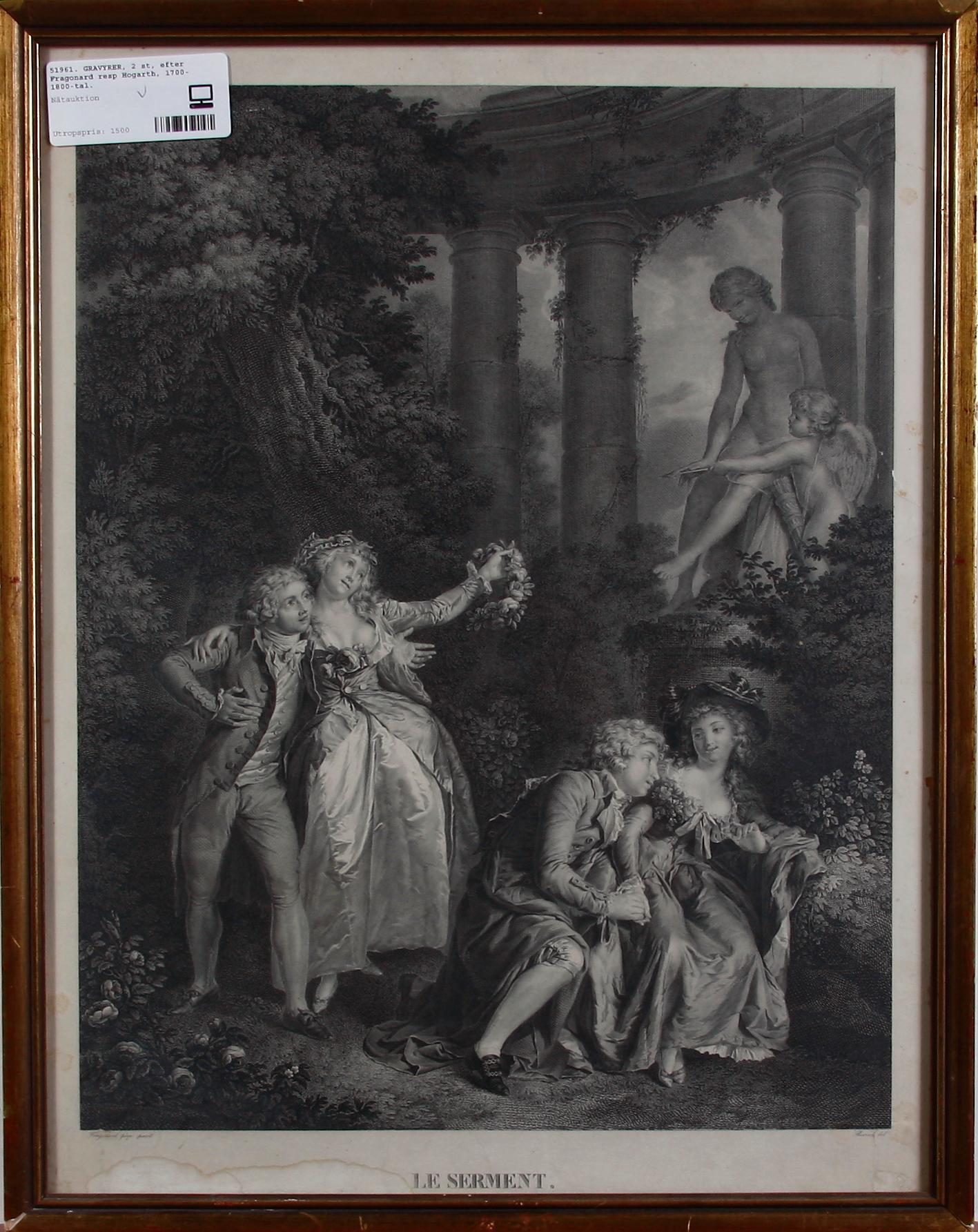 GRAVYRER, 2 st, efter Fragonard resp Hogarth, 1700-1800-tal.
