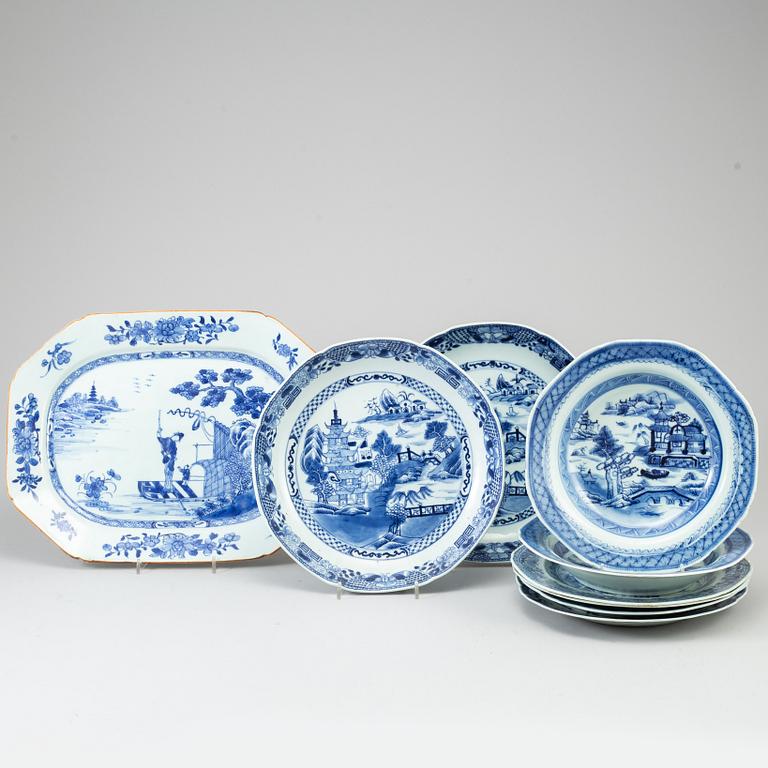 Nine blue and white export porcelain objects, Qing dynasty, Qianlong (1736-95).