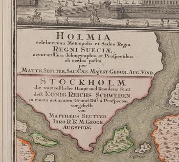 KARTA med vyer över Stockholm, handkolorerad gravyr, M. Seutter. 1700-tal.