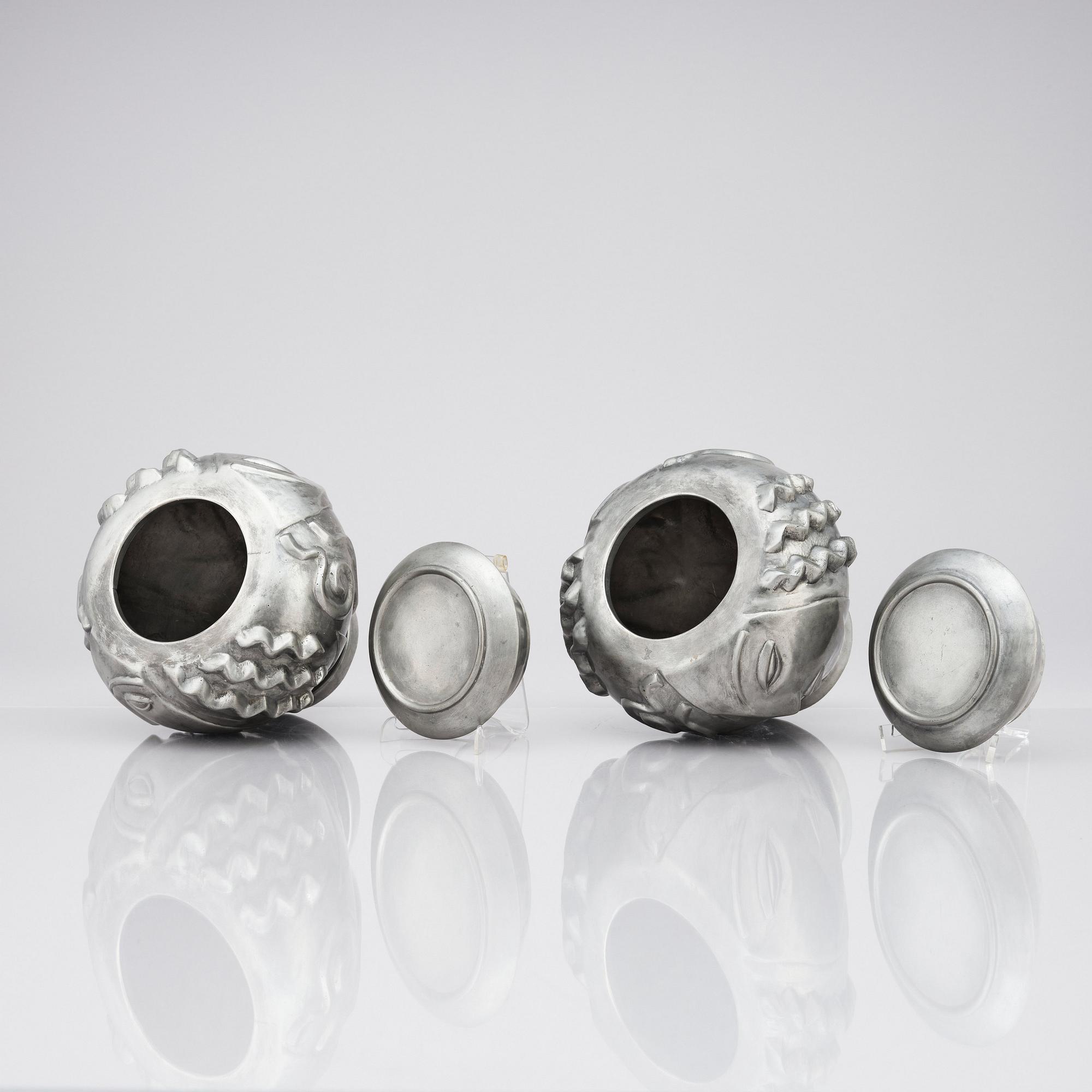 Anna Petrus, a pair of lidded pewter 'Profilvasen' jars, Svenskt Tenn, Stockholm 1980.