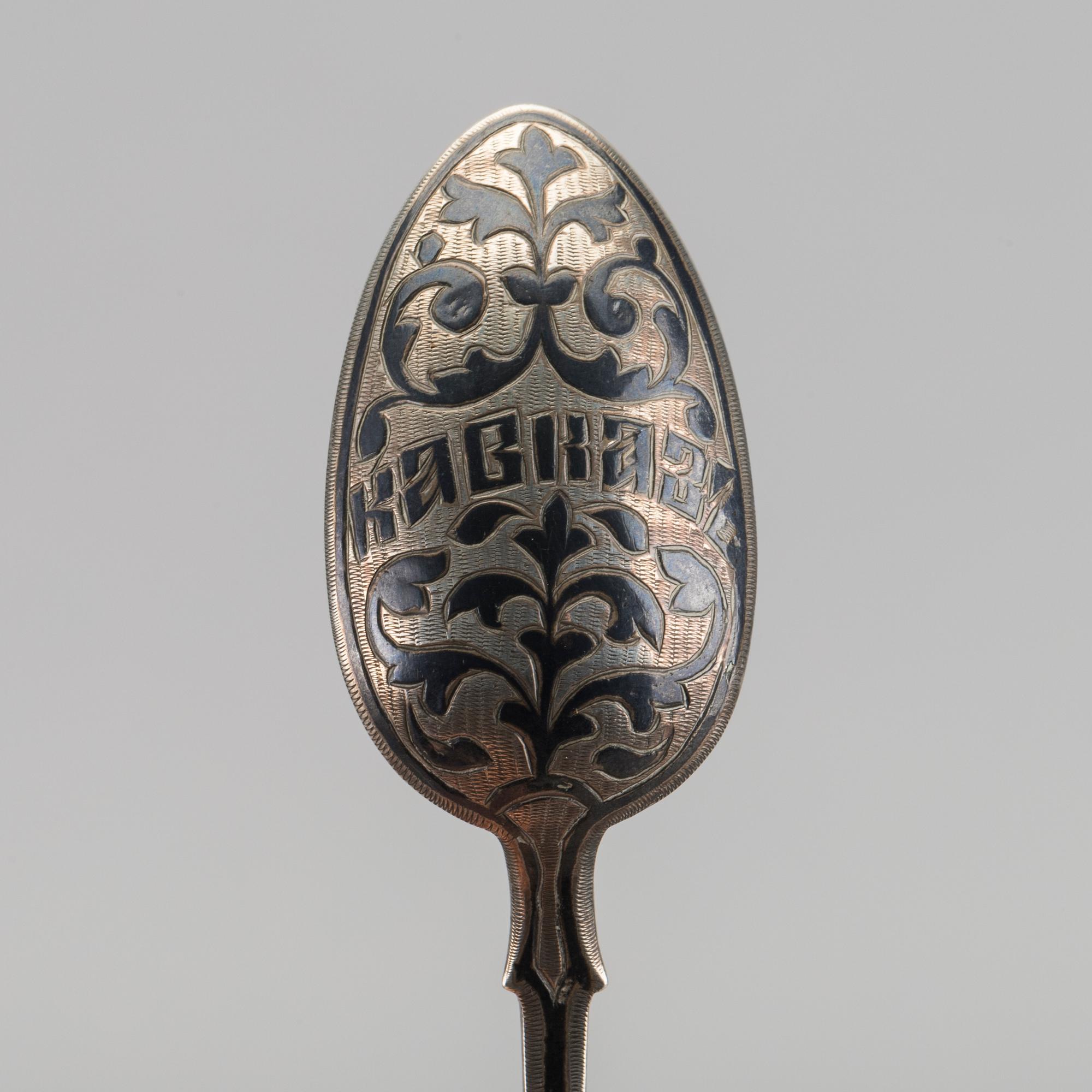 A set of six Russian silver and enamel spoons, around 1900 weight ca 195 gr.