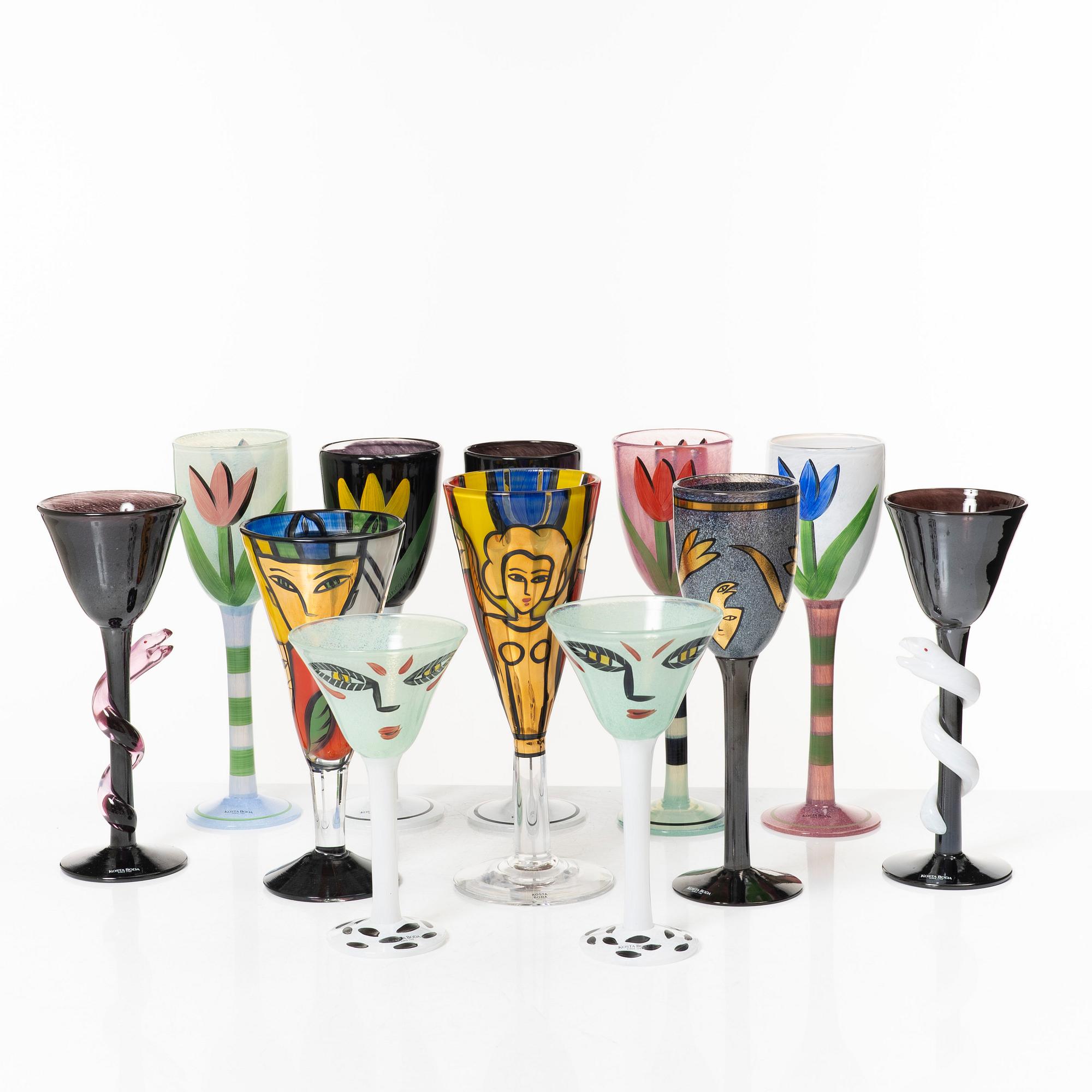 Ulrica Hydman-Vallien, vinglas, 12 st, Kosta Boda, Artist Collection / Atelier / Limited Edition.