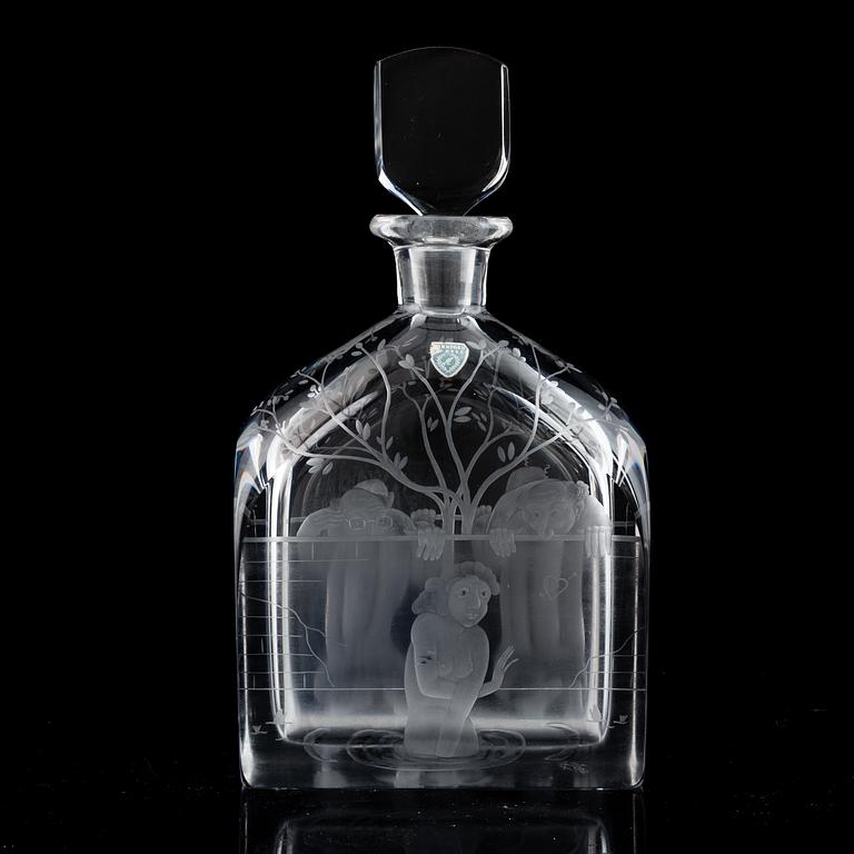 EDWARD HALD, an engraved bottle with stopper Orrefors, Sweden, model 1230.