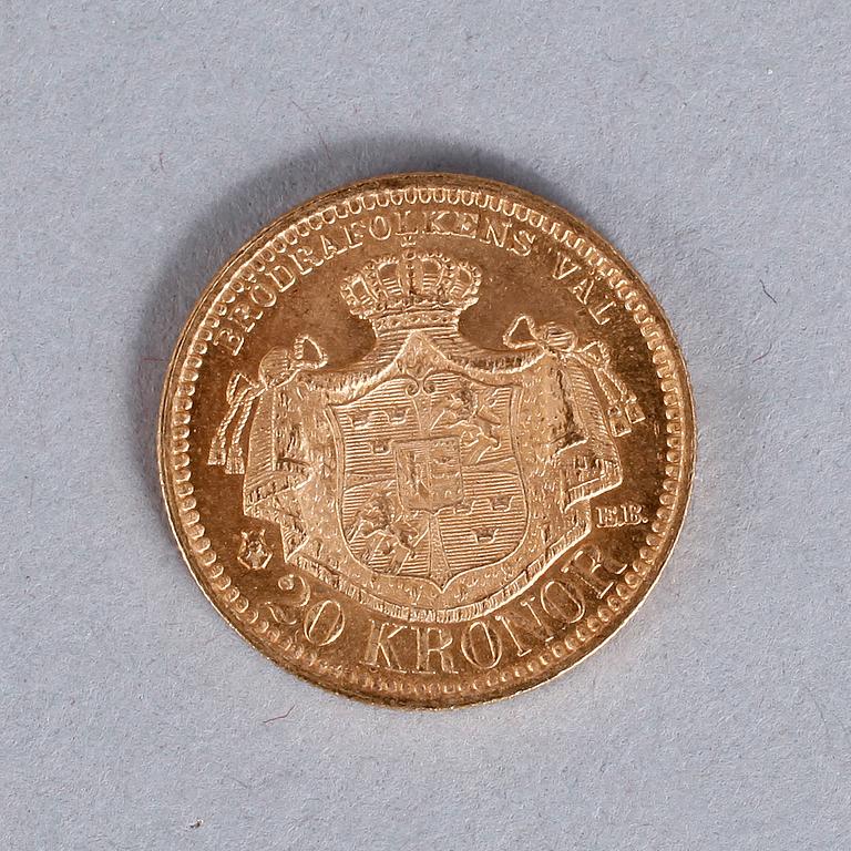 GULDMYNT, 20 kronor, Oscar II, 1879. Vikt ca 9 gram.