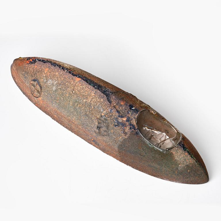 Bertil Vallien, a sand cast glass sculpture of a boat on stand, Kosta Boda, Sweden.